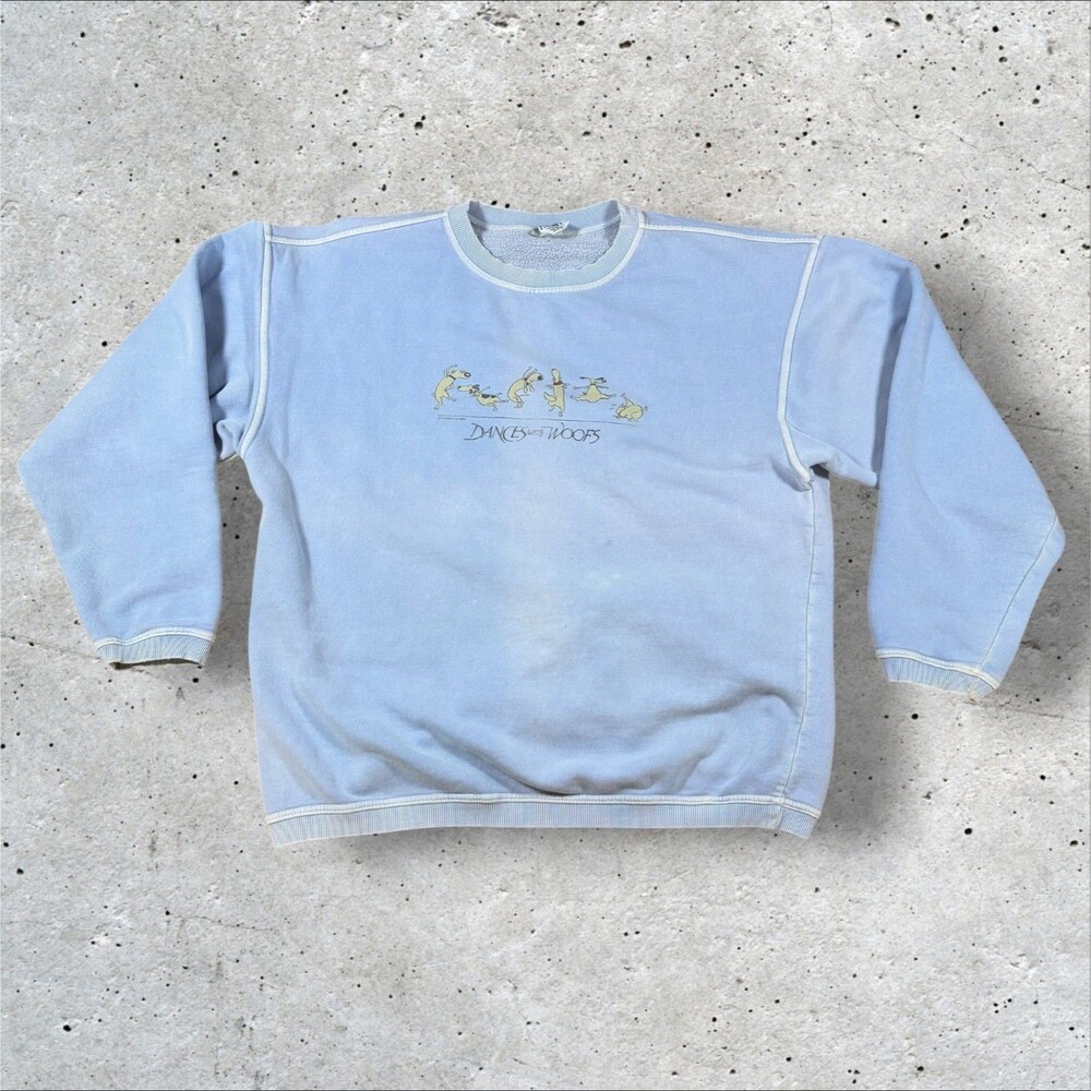 Vintage 90s Dances With Woofs Dog Crewneck Sweatshirt Faded Blue XL Russia